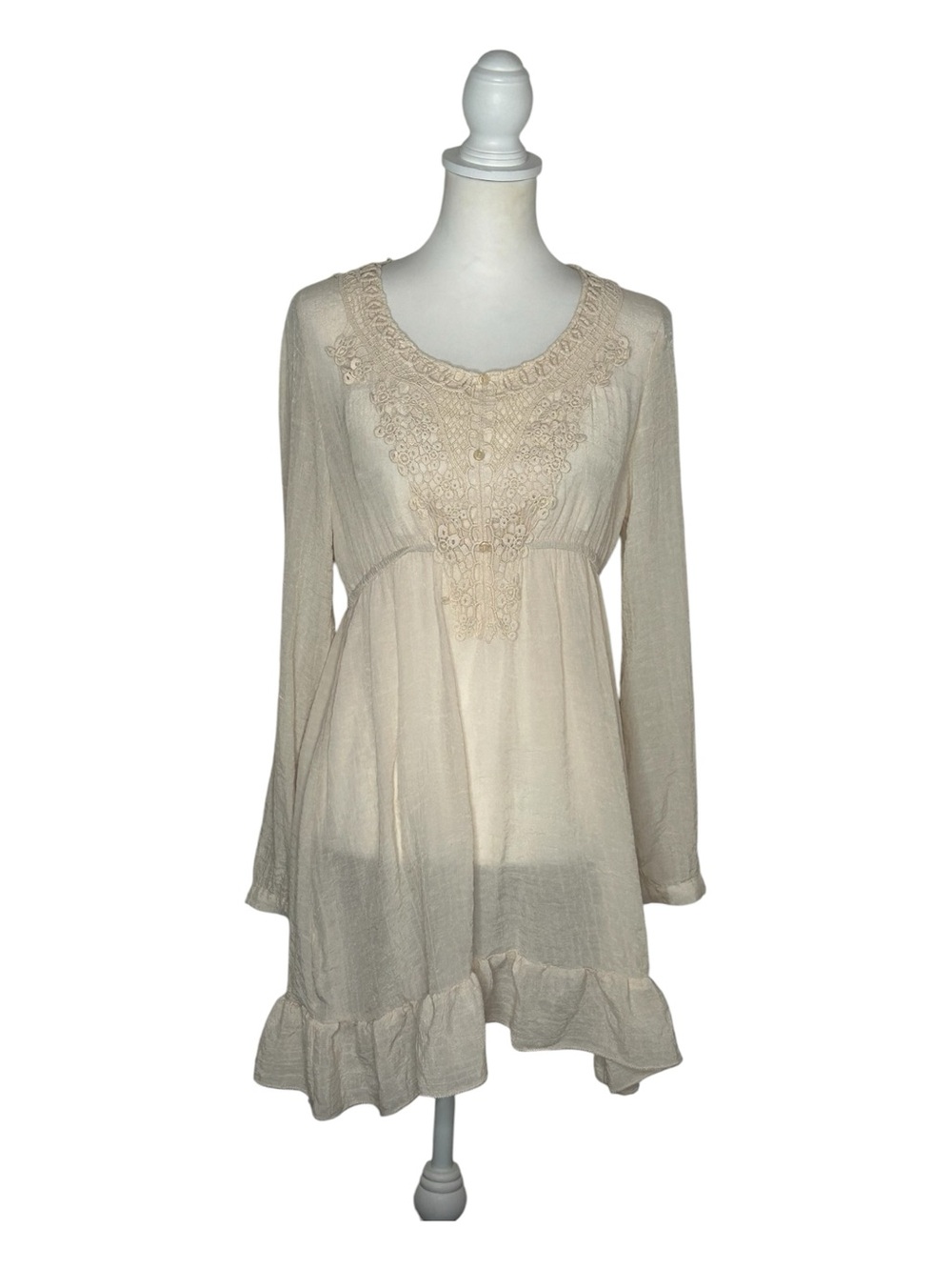Charming Charlie Cream Long Sleeve Lace-Trim Tunic Dress EUC Sz XL Boho Festival